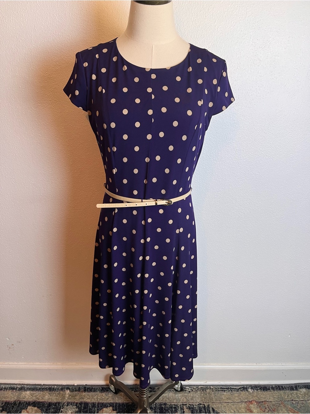 Jessica Howard Purple Dress with Cream Polka Dots and Belt